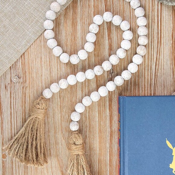 Wood Bead Garland Farmhouse Beads with Tassels,Farmhouse Tassel Garland Country - Picture 4 of 6